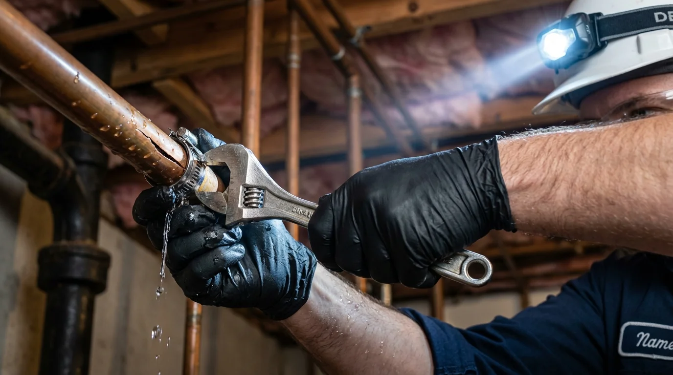 Emergency pipe clamp repair being performed by a Johns Plumbing LLC plumber in Checotah